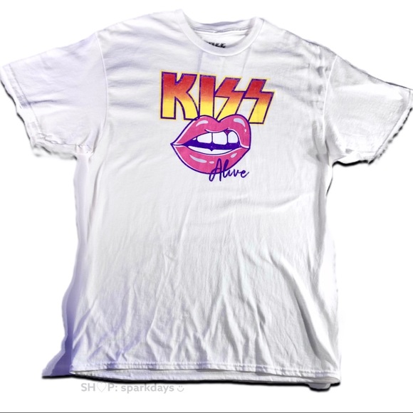 KISS White Pink Lips Oversized Graphic T-Shirt L - Picture 4 of 8